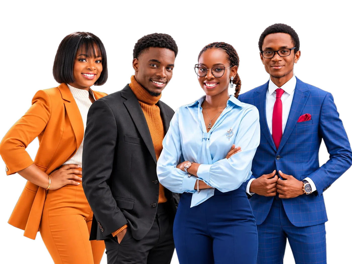 Quatre jeunes d'UCIV en tenue professionnelle, souriants.