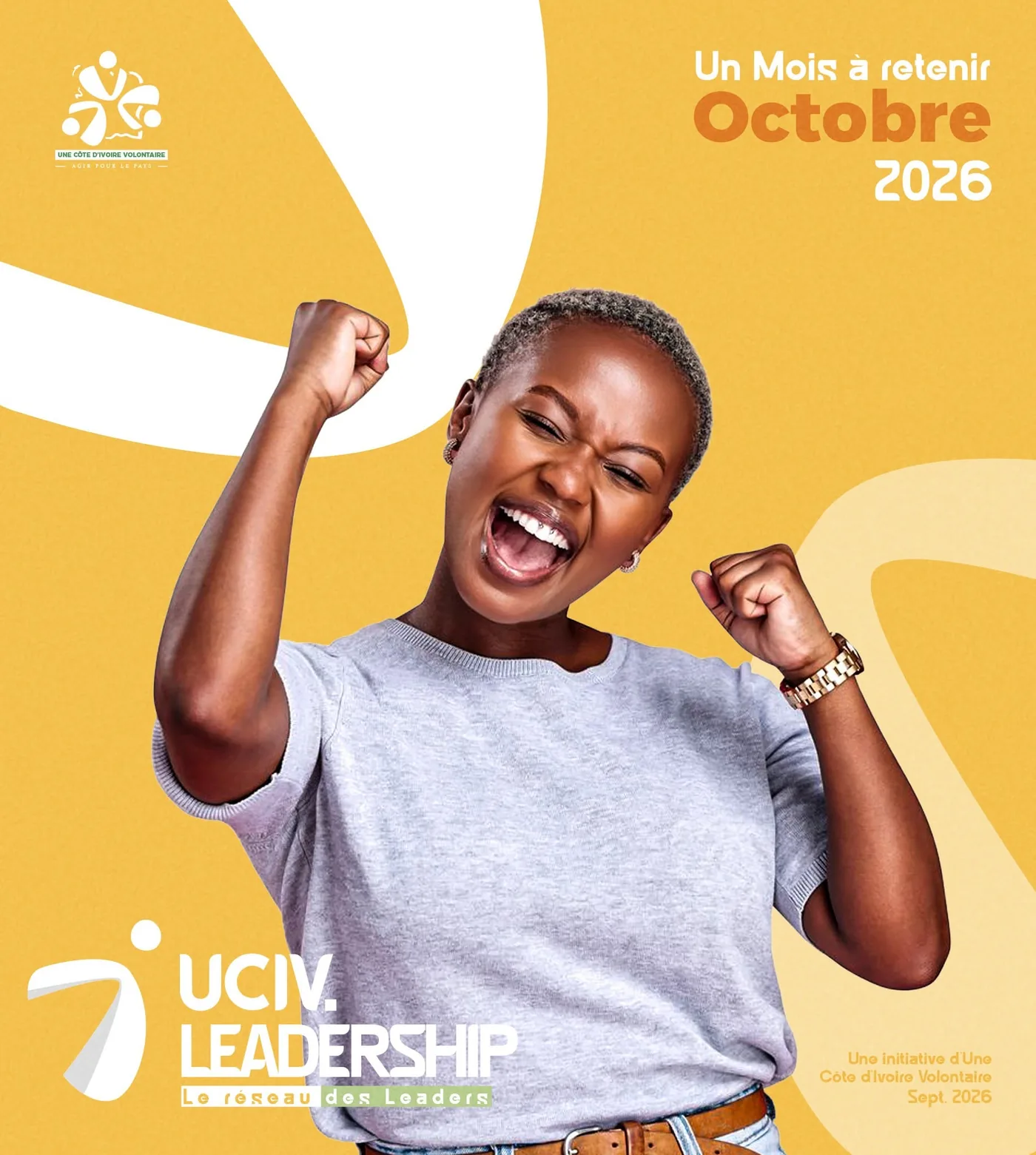 Affiche d'UCIV Leadership : une jeune femme lève les poings.