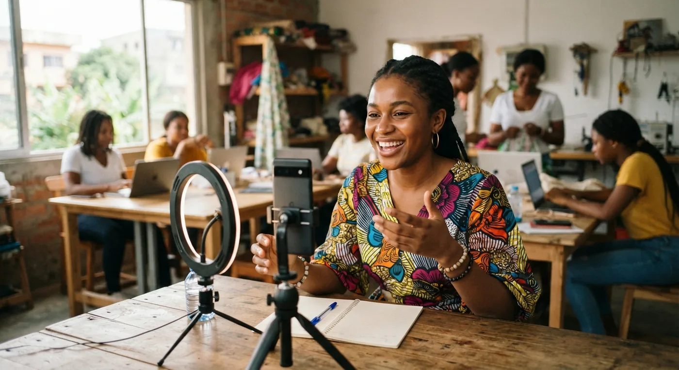 Une jeune femme se filme avec son téléphone pendant un atelier.