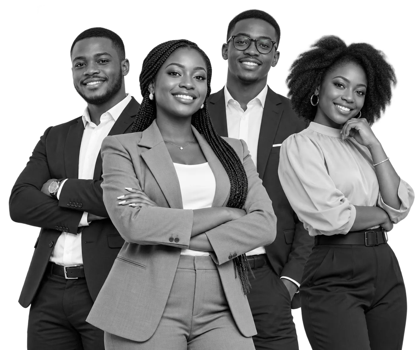 Quatre jeunes leaders souriants, en tenue professionnelle.