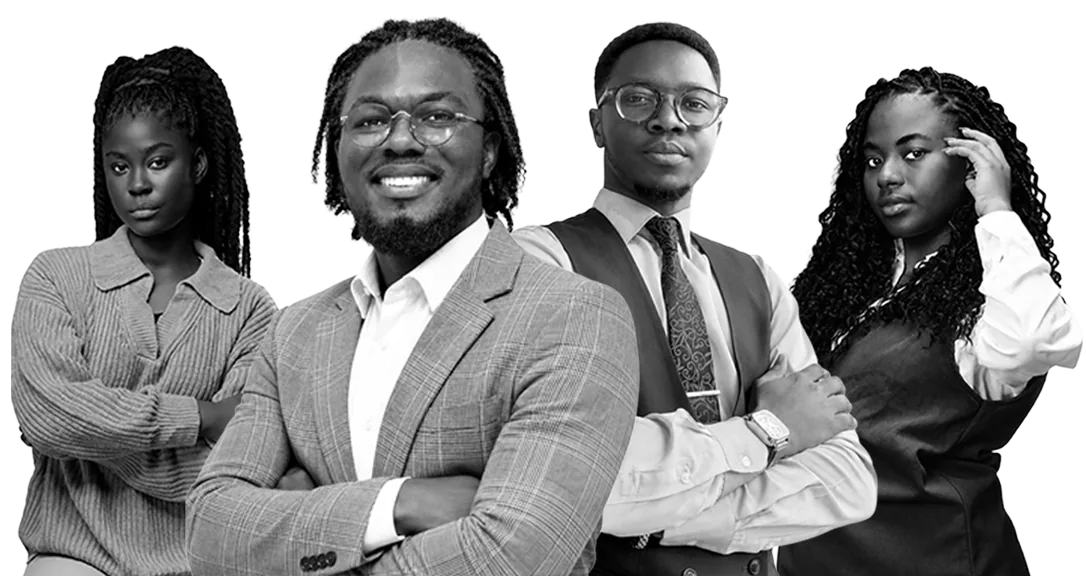 Quatre membres du réseau UCIV Leadership, bras croisés, en tenue professionnelle.